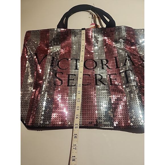 VICTORIAS SECRET PINK LG pink silver glittery tote bag double handles w/logo NWT - Picture 3 of 5